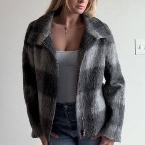 Talbots Buffalo Check Wool‎ Alpaca Blend Zip-Front Jacket Size 12